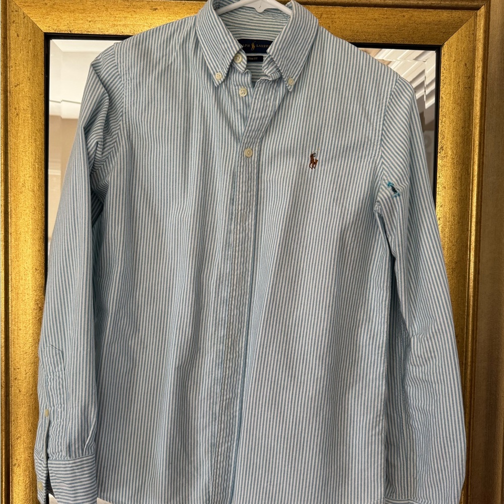 Ralph Lauren Blue and White Custom Fit Striped Button-Down Shirt Small As-Is